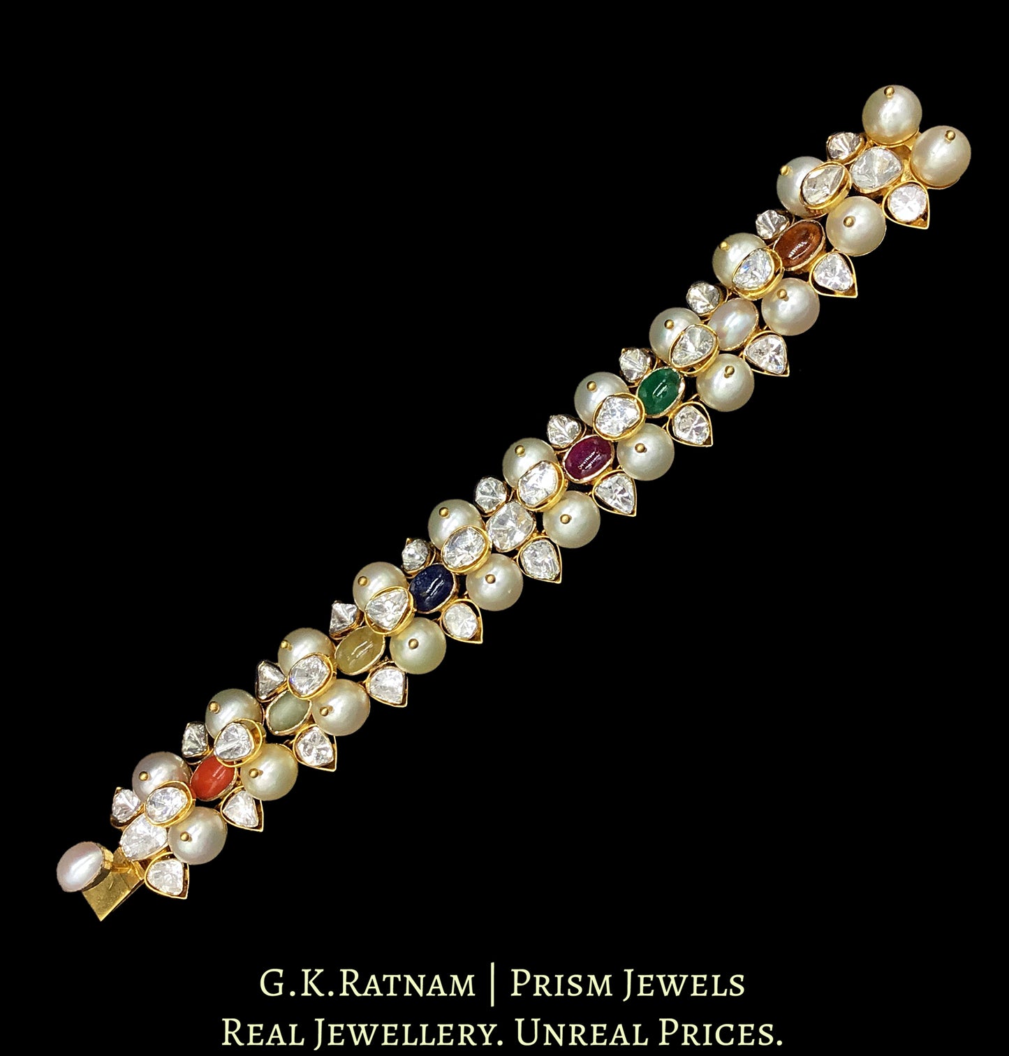 18k Gold and Diamond Polki Open Setting Bracelet with Navratna Stones