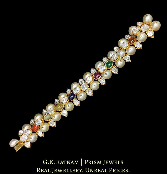 18k Gold and Diamond Polki Open Setting Bracelet with Navratna Stones