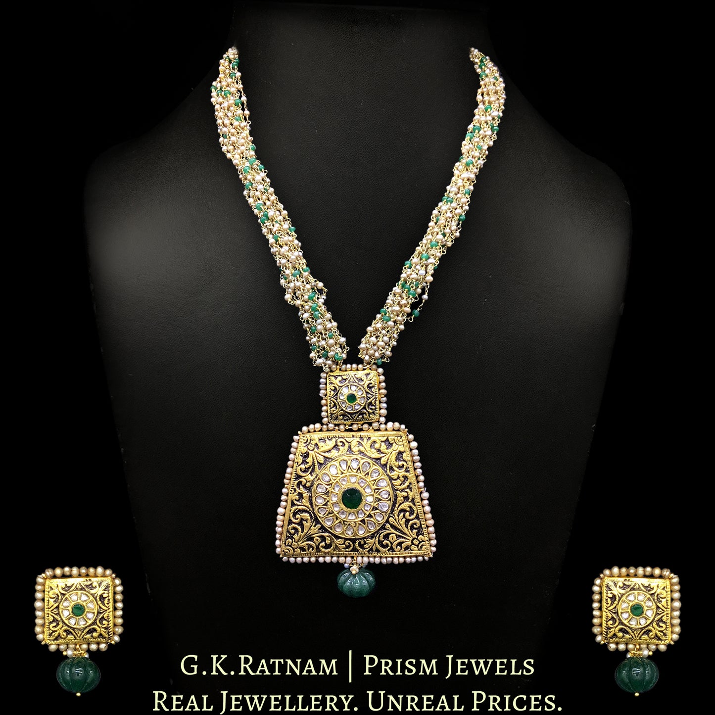 23k Gold and Diamond trapezoidal antique Pendant Set with freshwater pearls and green beryls in chain clusters