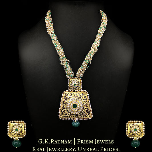 23k Gold and Diamond trapezoidal antique Pendant Set with freshwater pearls and green beryls in chain clusters