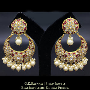 23k Gold and Diamond Polki Chand Bali Earring Pair with ruby-red stones and shell pearls