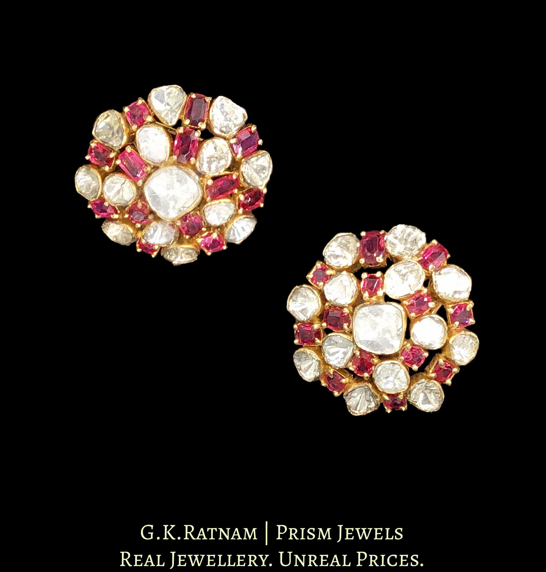 18k Gold and Diamond Polki Open Setting Karanphool Earring Pair with Spinels