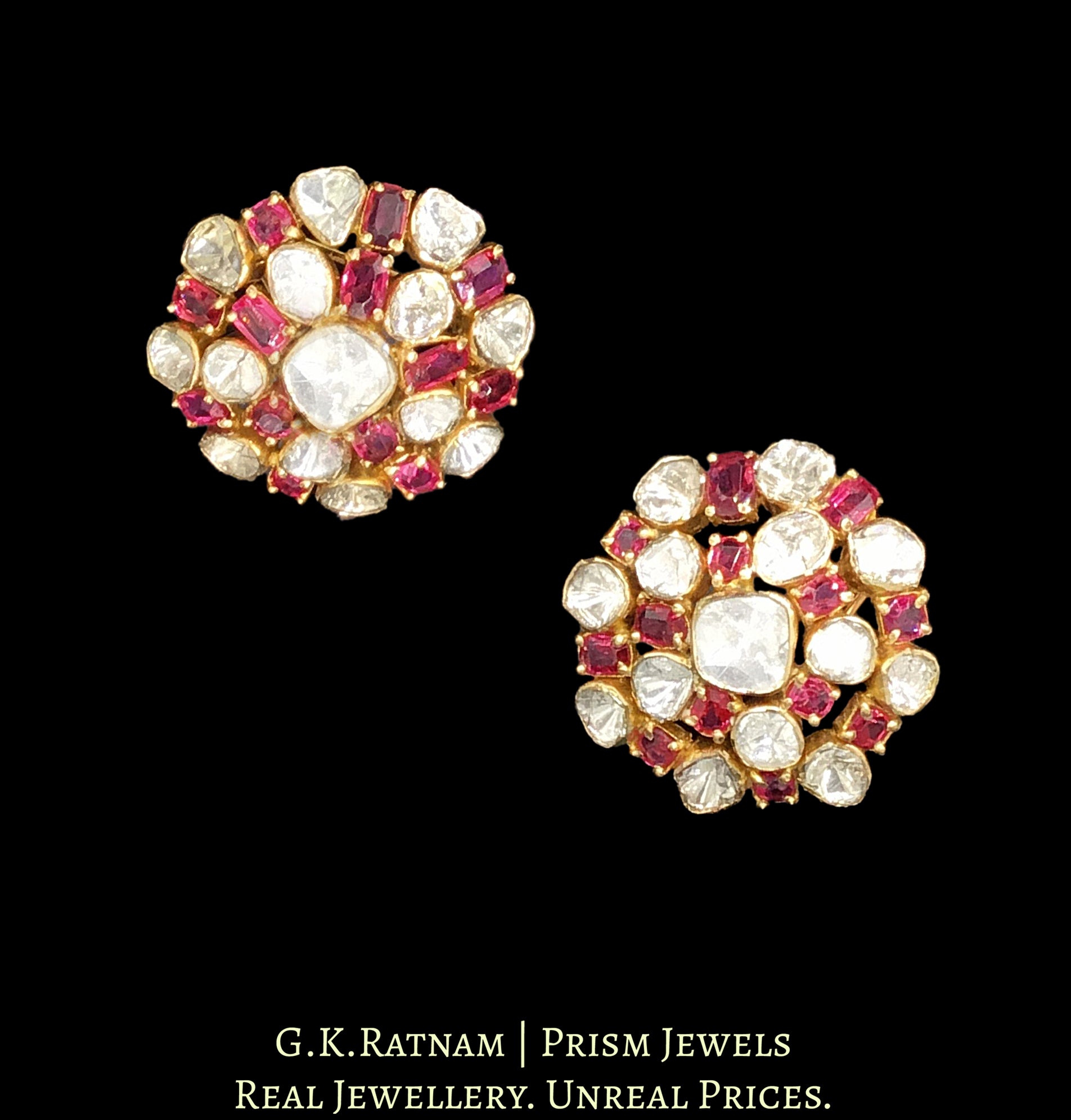 18k Gold and Diamond Polki Open Setting Karanphool Earring Pair with Spinels - G. K. Ratnam