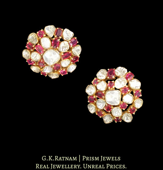 18k Gold and Diamond Polki Open Setting Karanphool Earring Pair with Spinels - G. K. Ratnam