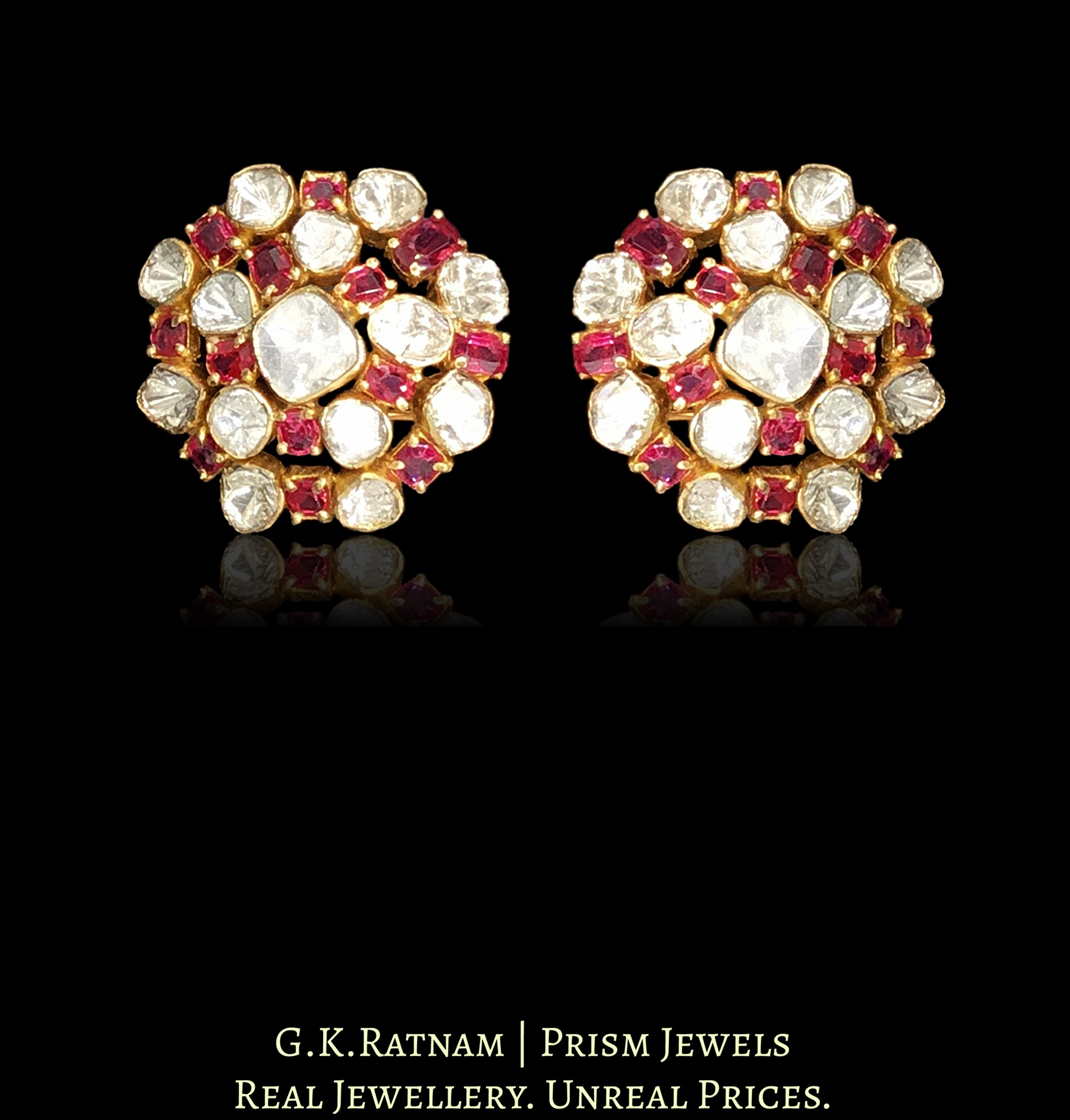 18k Gold and Diamond Polki Open Setting Karanphool Earring Pair with Spinels - G. K. Ratnam