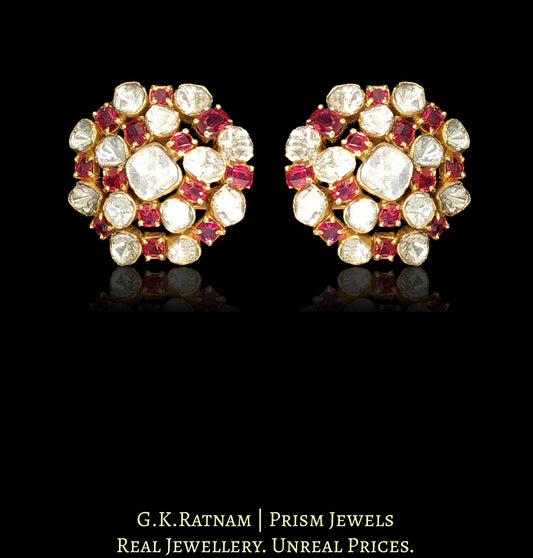 18k Gold and Diamond Polki Open Setting Karanphool Earring Pair with Spinels - G. K. Ratnam