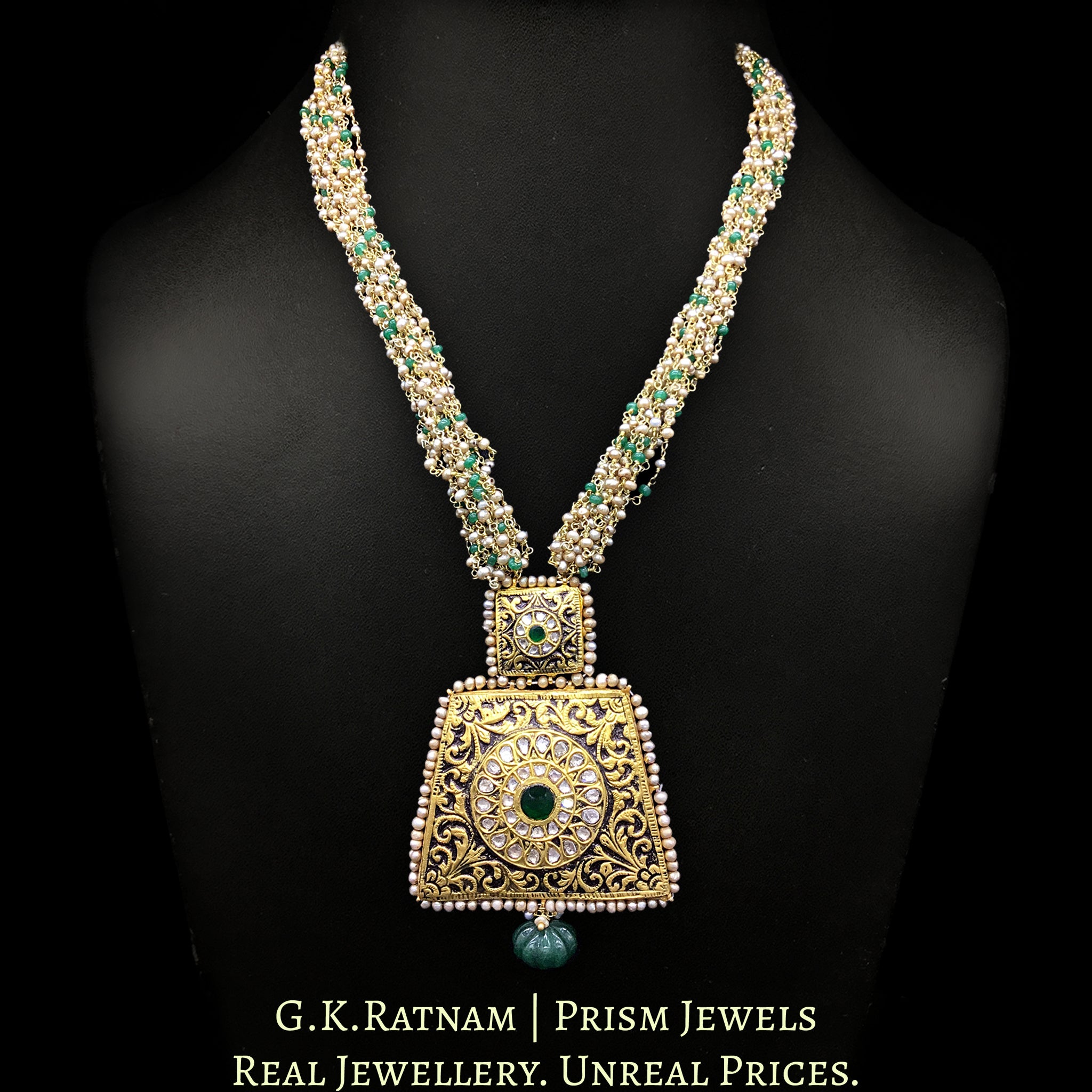 23k Gold and Diamond trapezoidal antique Pendant Set with freshwater pearls and green beryls in chain clusters
