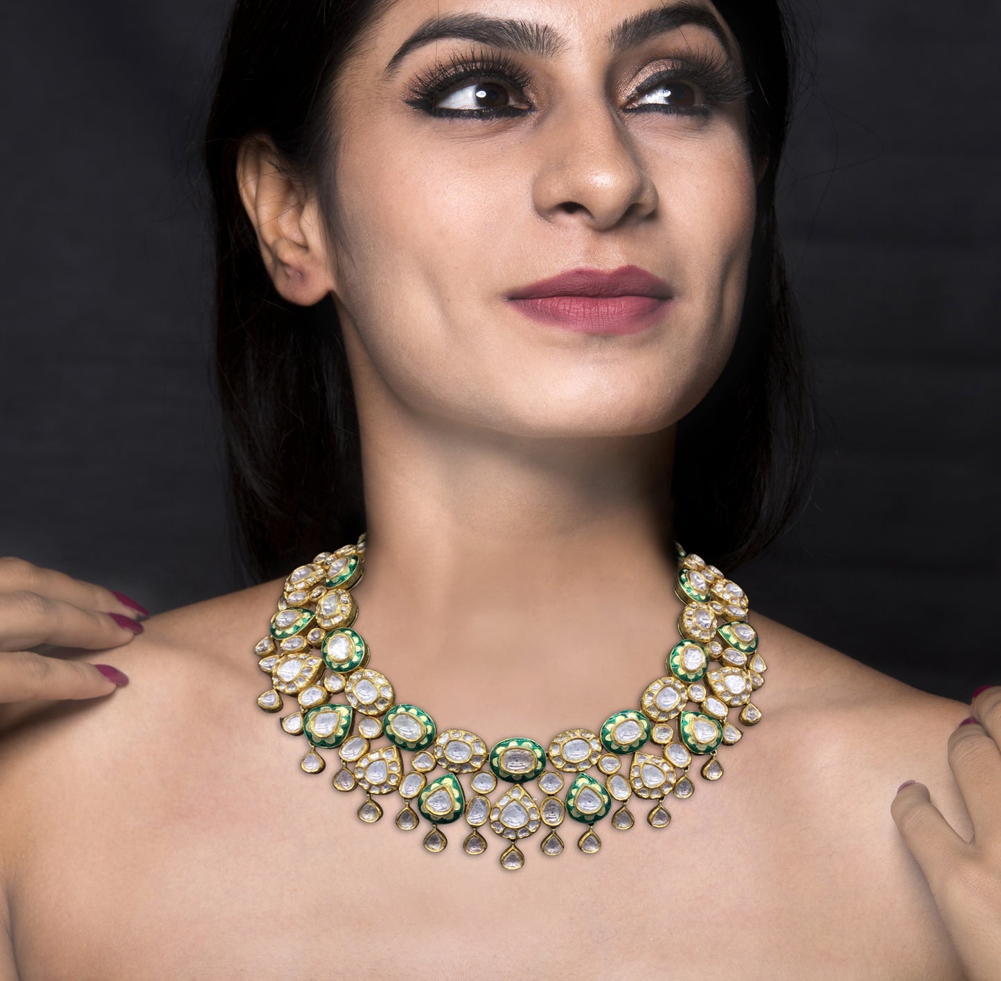 18k Gold and Diamond Polki Necklace Set with floral green enamelling - G. K. Ratnam
