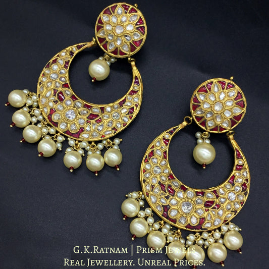 23k Gold and Diamond Polki Chand Bali Earring Pair with ruby-red stones and shell pearls