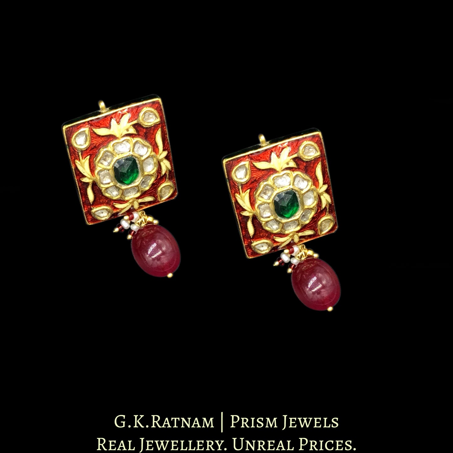 23k Gold and Diamond Polki square Pendant Set with red enamelling and big uncuts
