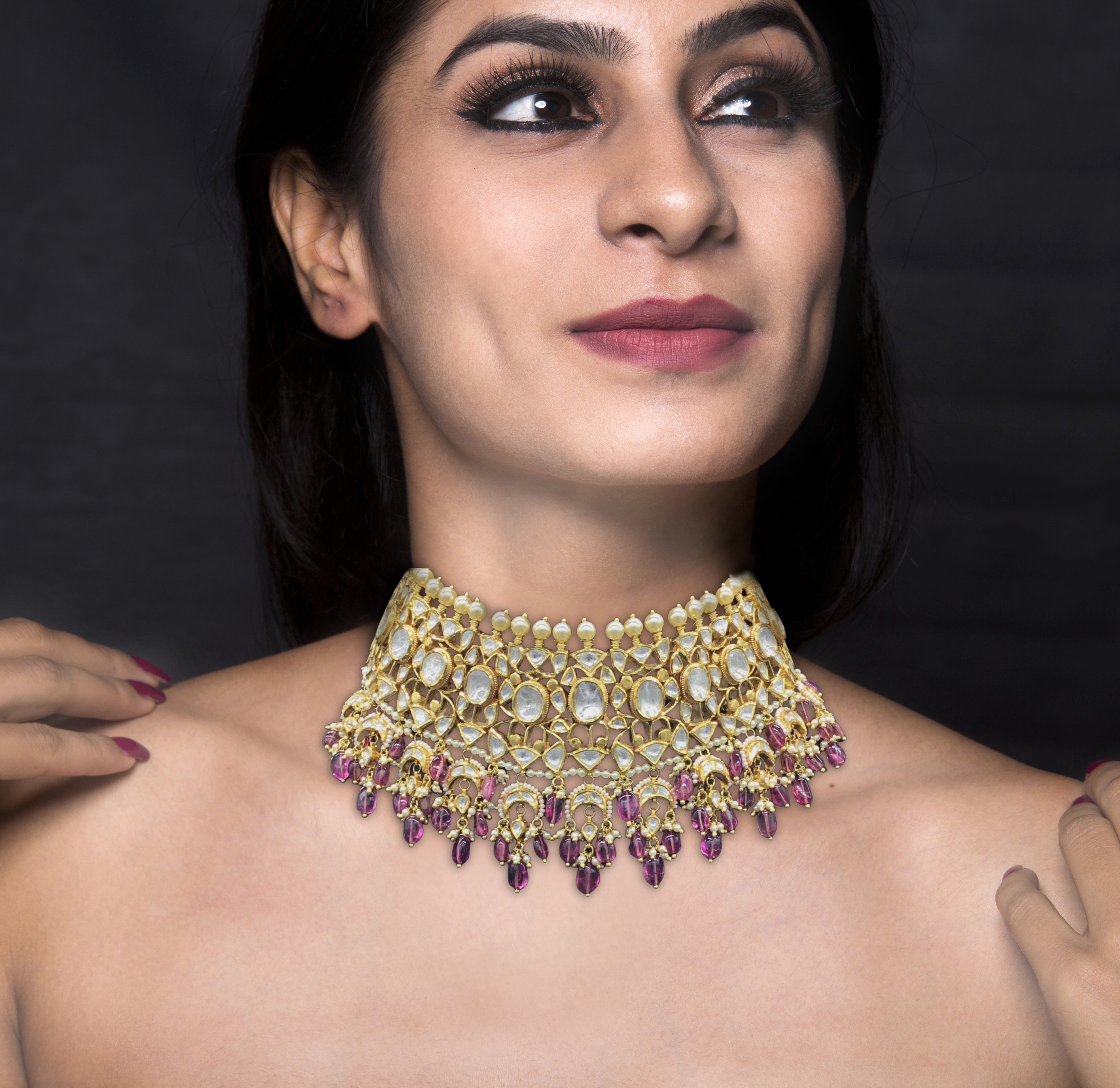 18k Gold and Diamond Polki Choker Necklace Set with inverted uncut crescents strung in Pink Tourmalines