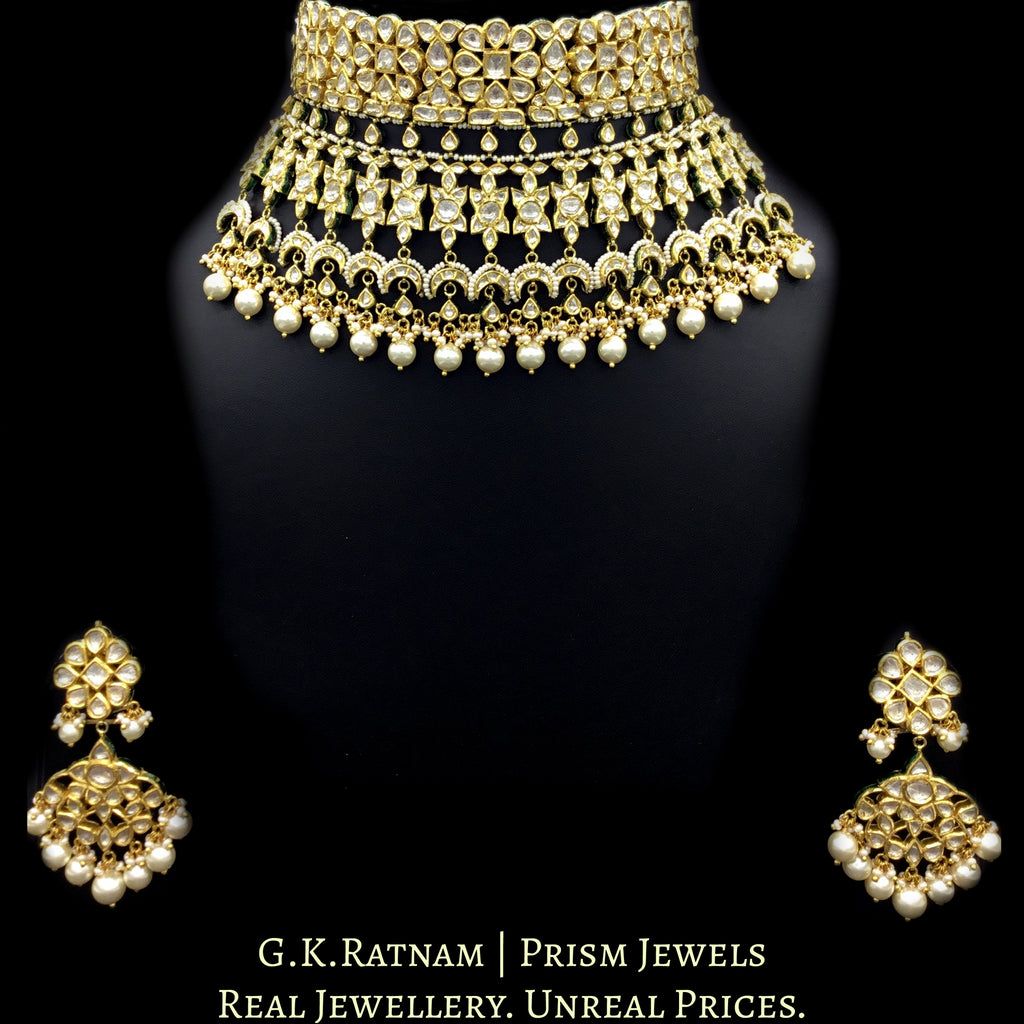 18k Gold and Diamond Polki multi-tier Choker Necklace Set with inverted uncut crescents and pears - G. K. Ratnam