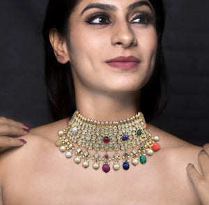18k Gold and Diamond Polki Navratna Choker Necklace Set with uncut pear-shaped drops and color stone stringing