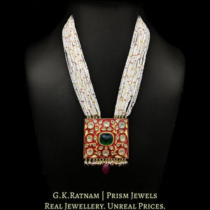 23k Gold and Diamond Polki square Pendant Set with red enamelling and big uncuts
