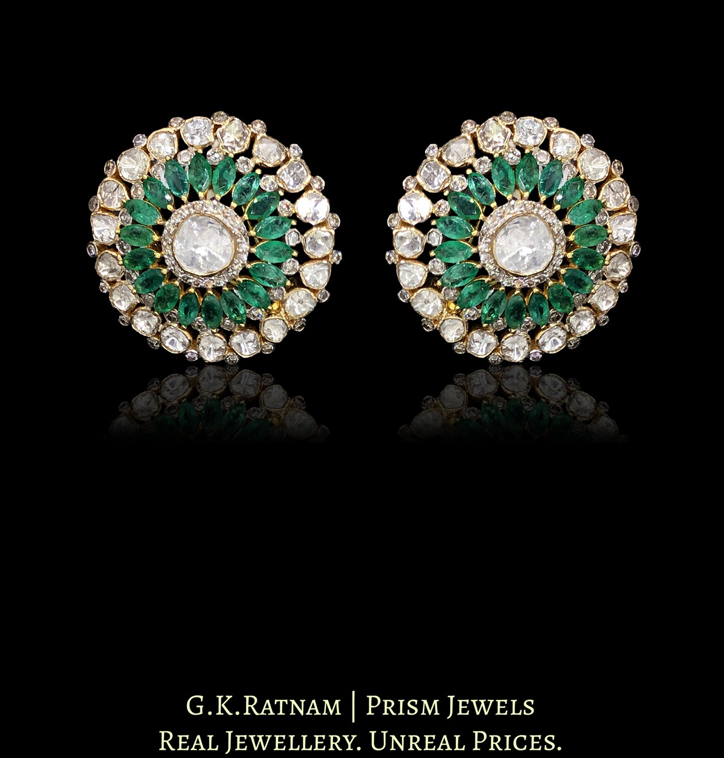 14k Gold and Diamond Polki Open Setting Karanphool Earring Pair with Natural Emerald marquises