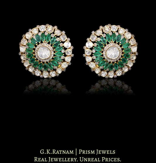 14k Gold and Diamond Polki Open Setting Karanphool Earring Pair with Natural Emerald marquises