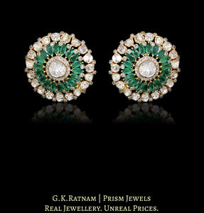 14k Gold and Diamond Polki Open Setting Karanphool Earring Pair with Natural Emerald marquises