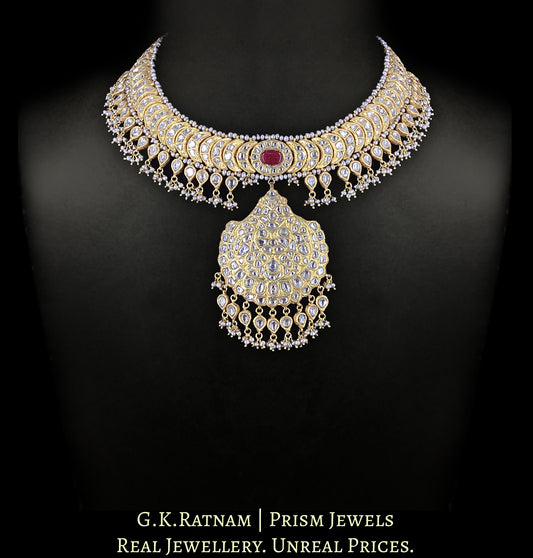 23k Gold and Diamond Polki Necklace Set with Concentric Chand Motifs