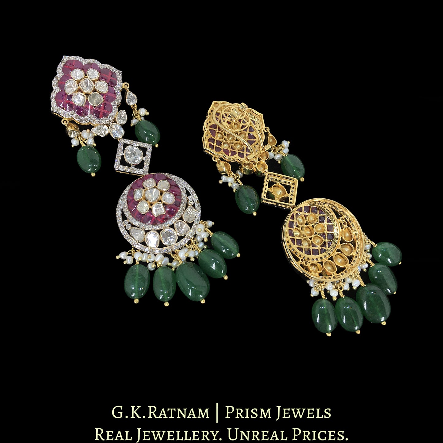 14k Gold and Diamond Polki Open Setting Choker Necklace Set with Rubies and emerald-grade Green Beryls