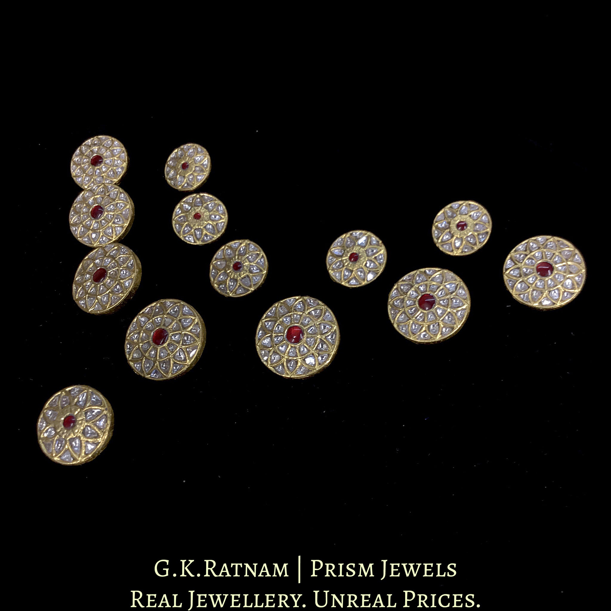 23k Gold and Diamond Polki Sherwani Buttons for Men with Ruby Center