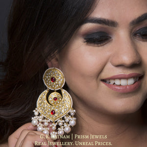 23k Gold and Diamond Polki Chand Bali Earring Pair with ruby-red center