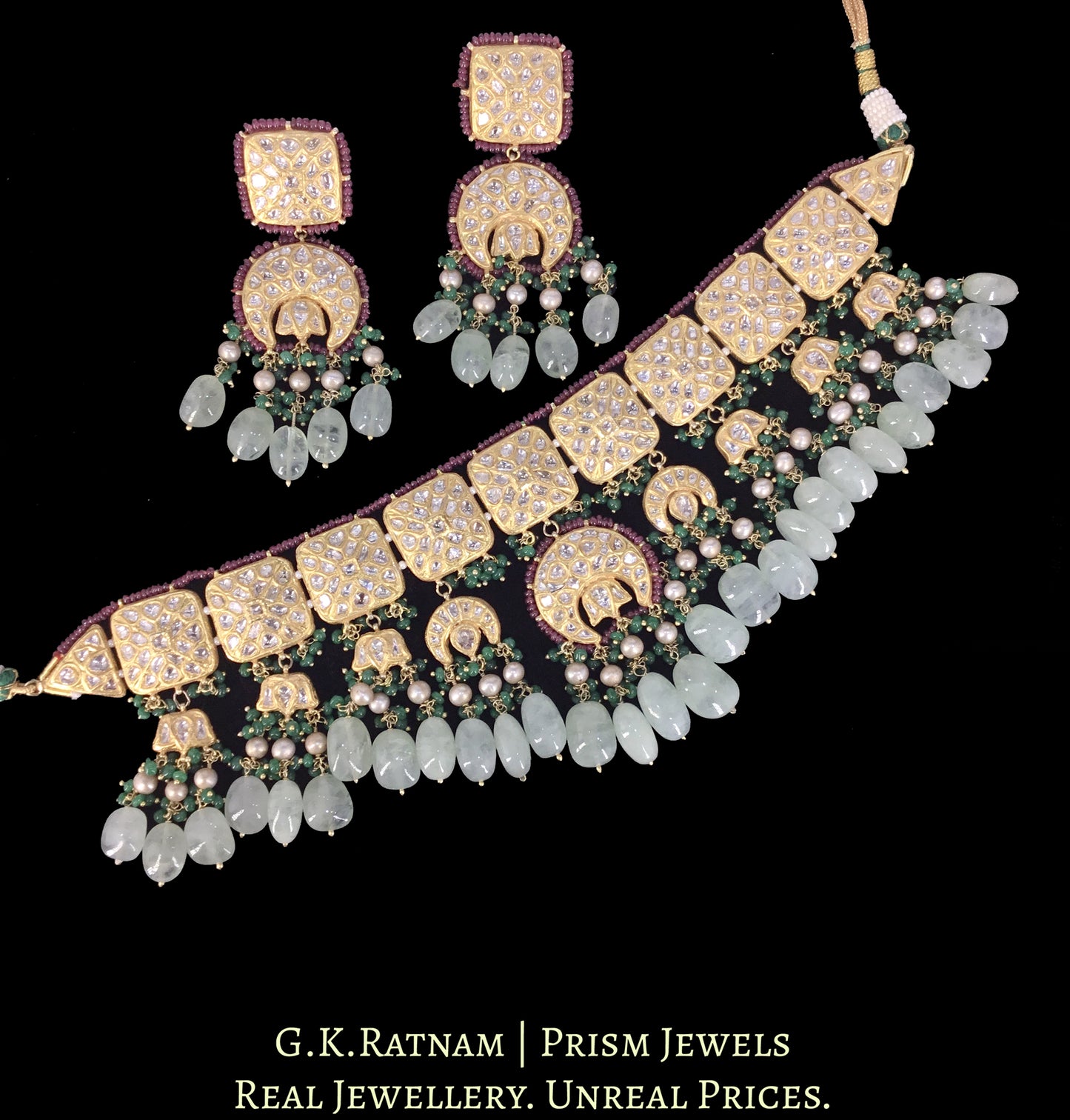 23k Gold and Diamond Polki Choker Necklace Set with Russian Emeralds