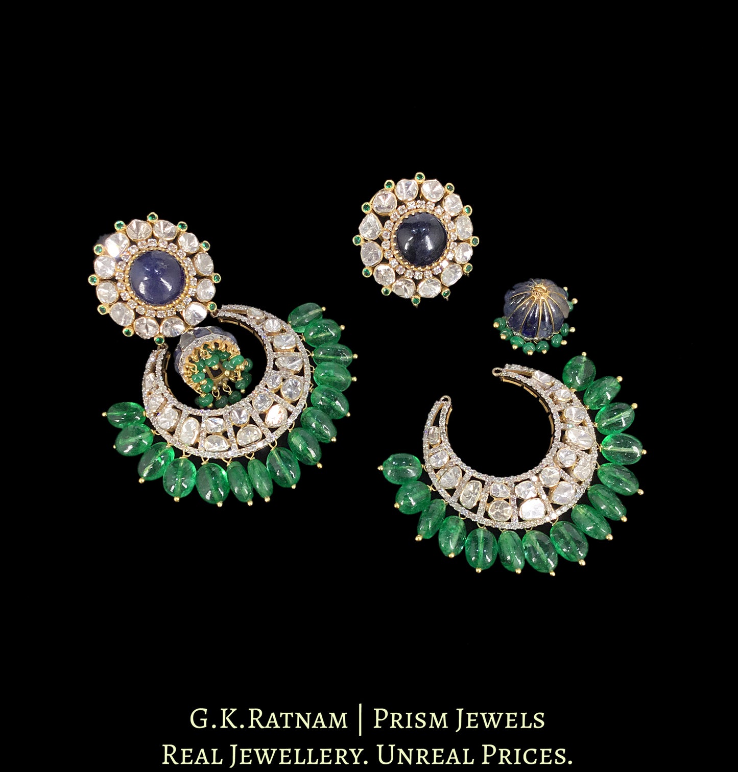 14k Gold And Diamond Polki Open Setting Chand Bali Earring Pair With detachable Blue Sapphire Jhumkis