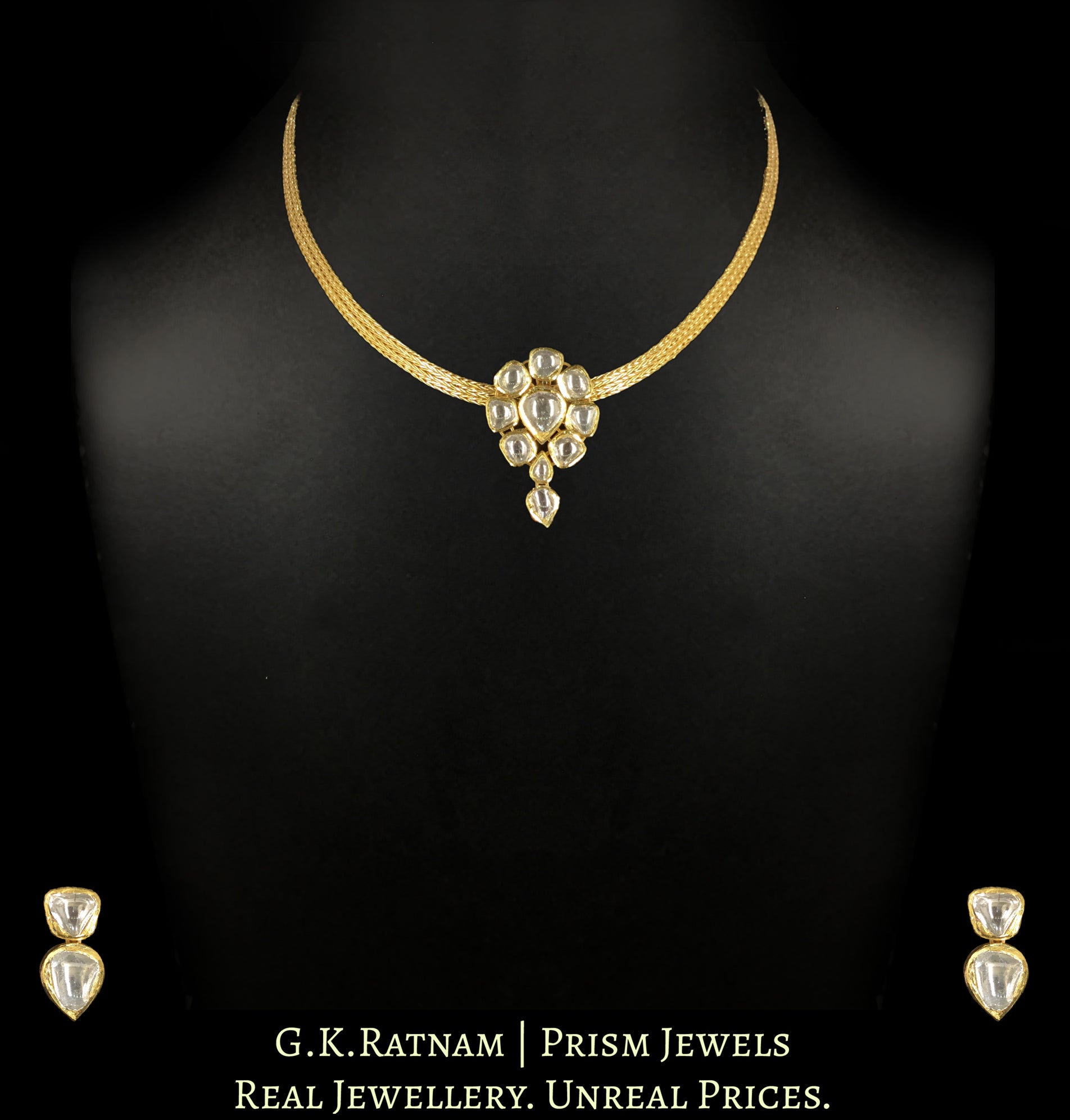 18k Gold and Diamond Polki Small Pendant Set with Finely Handcrafted Chain