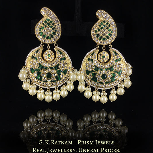 23k Gold and Diamond Polki Green Chand Bali Earrings with Pearls