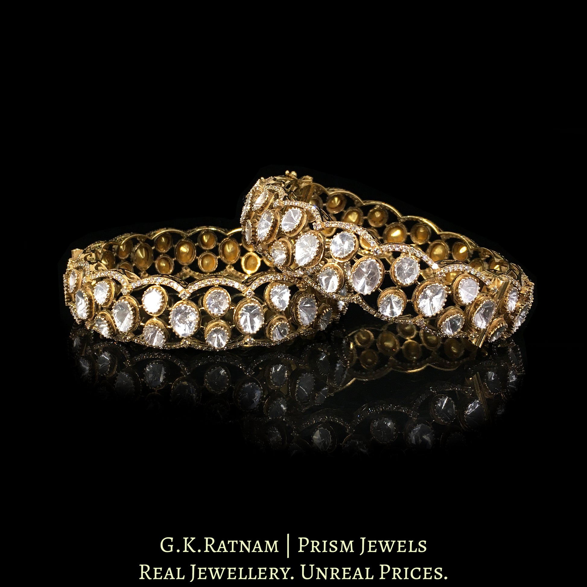 14k Gold and Diamond Polki Open Setting Bangle Pair in Antique Victorian Finish - G. K. Ratnam