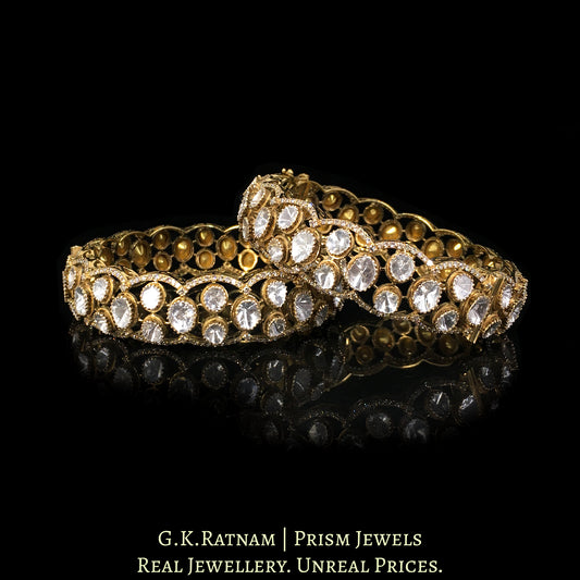 14k Gold and Diamond Polki Open Setting Bangle Pair in Antique Victorian Finish - G. K. Ratnam