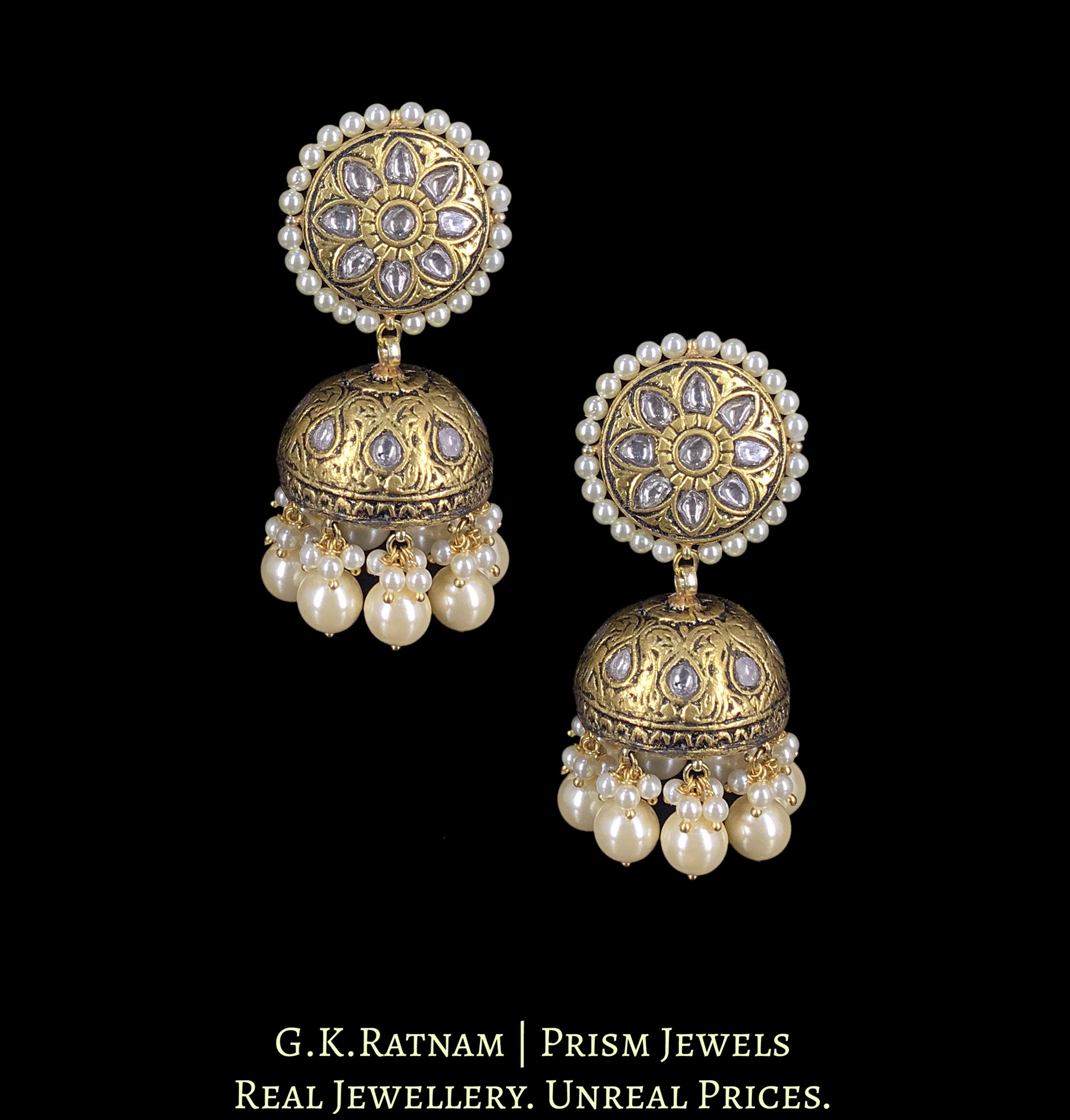 23k Gold and Diamond Polki Antique Tops and Jhumki Earring Pair with intricate goldwork - G. K. Ratnam