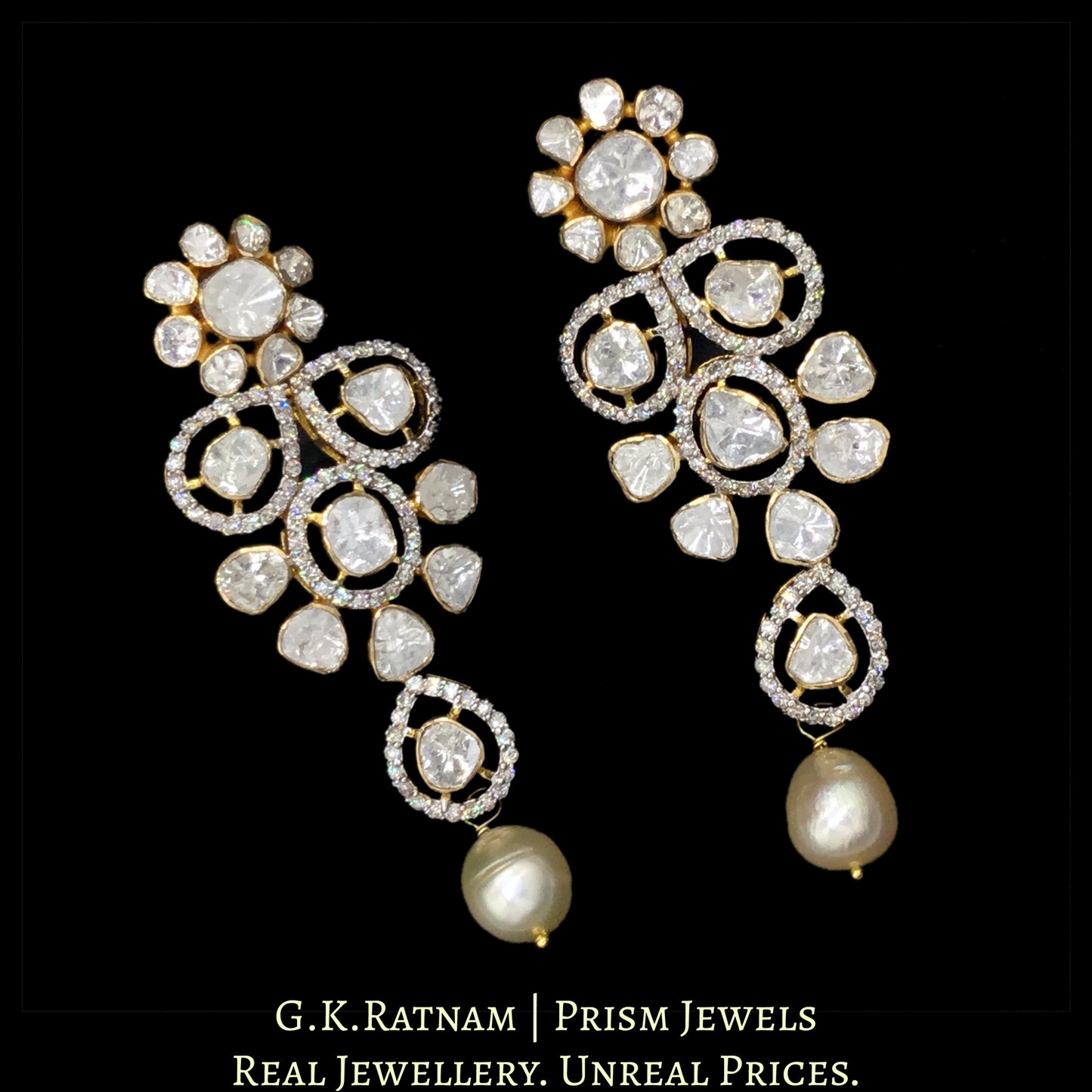 14K Gold and Diamond Polki Open Setting Necklace Set with Floral Motifs