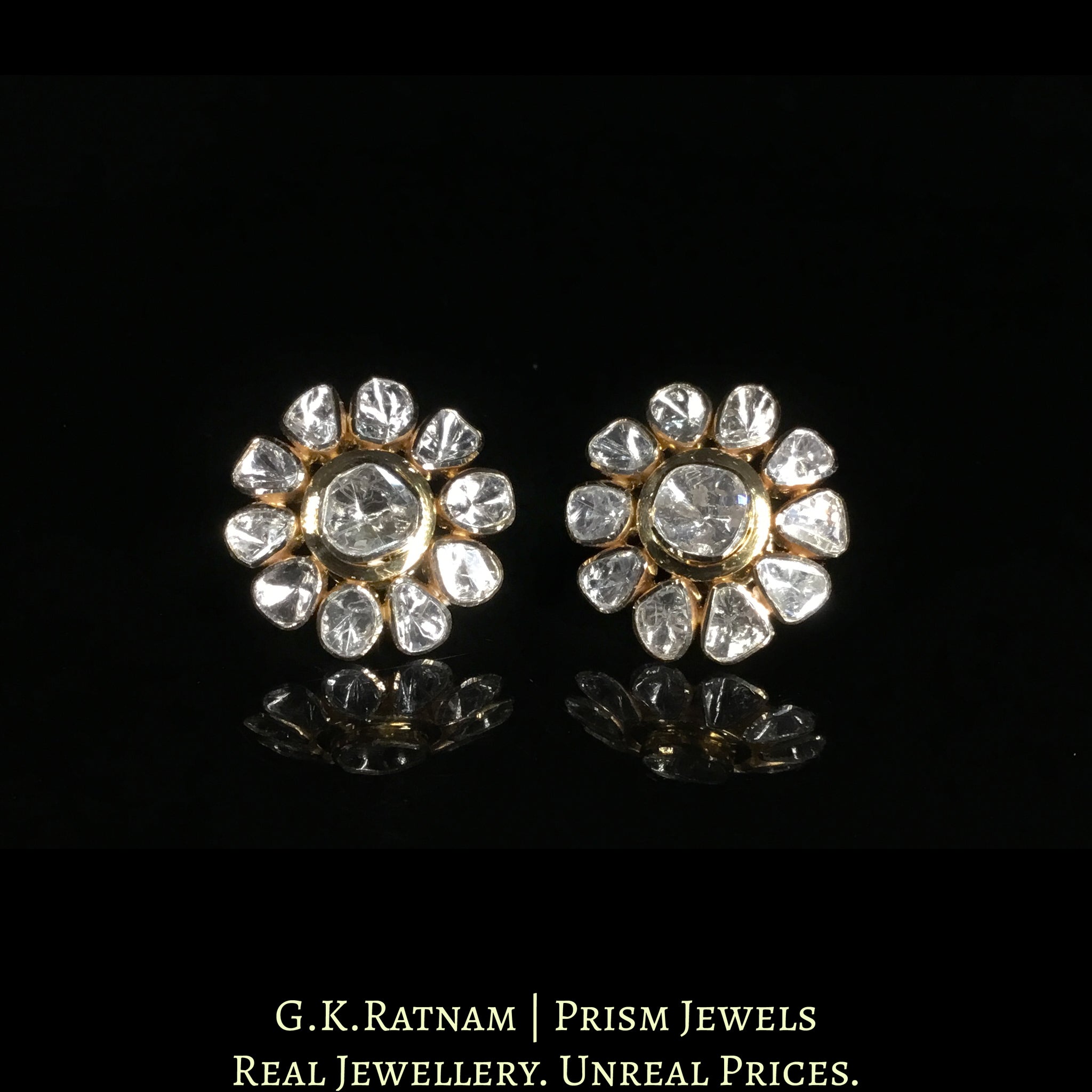 18k Gold and Diamond Polki Open Setting floral Tops / Studs Earring Pair