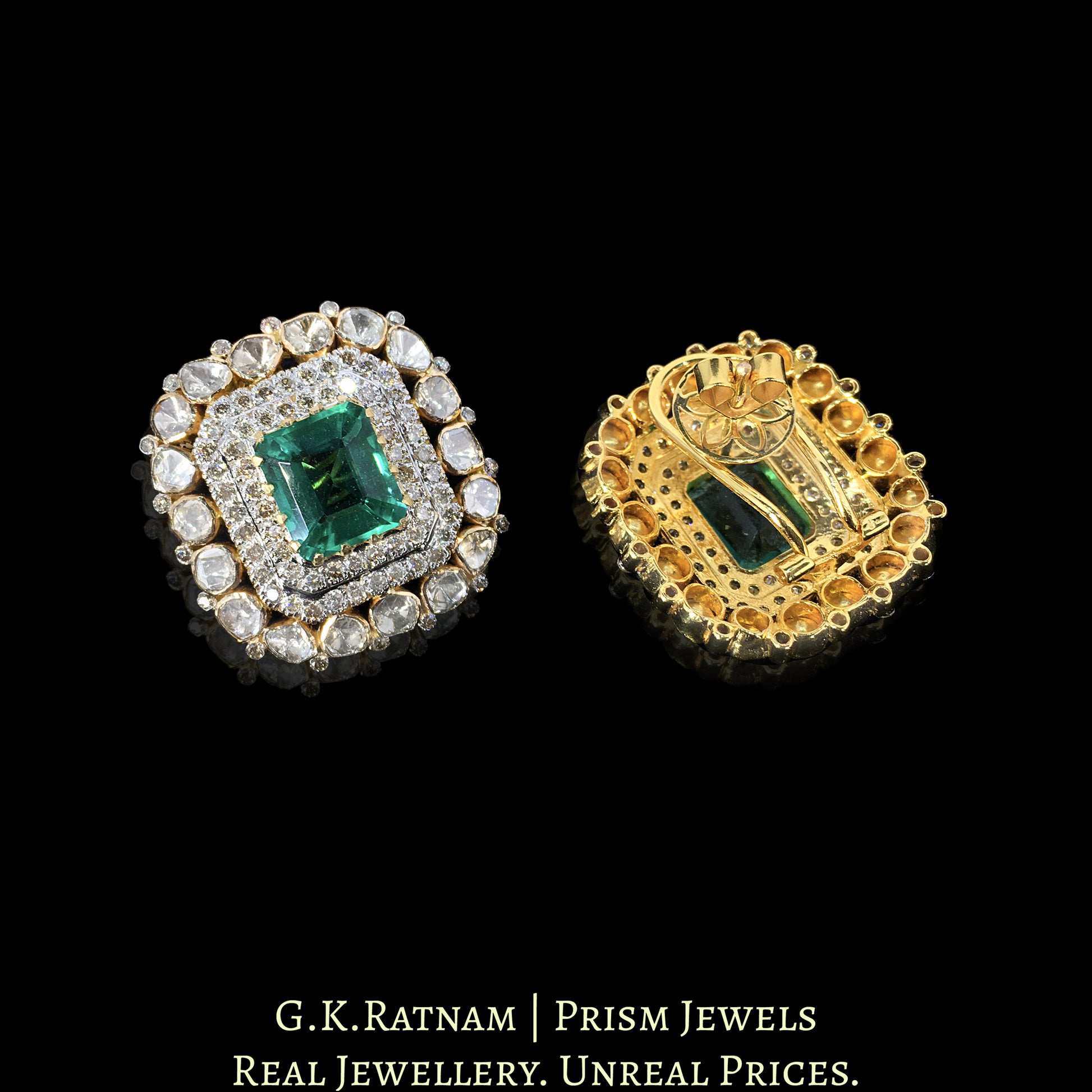 18k Gold and Diamond Polki Open Setting Pendant Set strung in Natural Emerald Beads - G. K. Ratnam