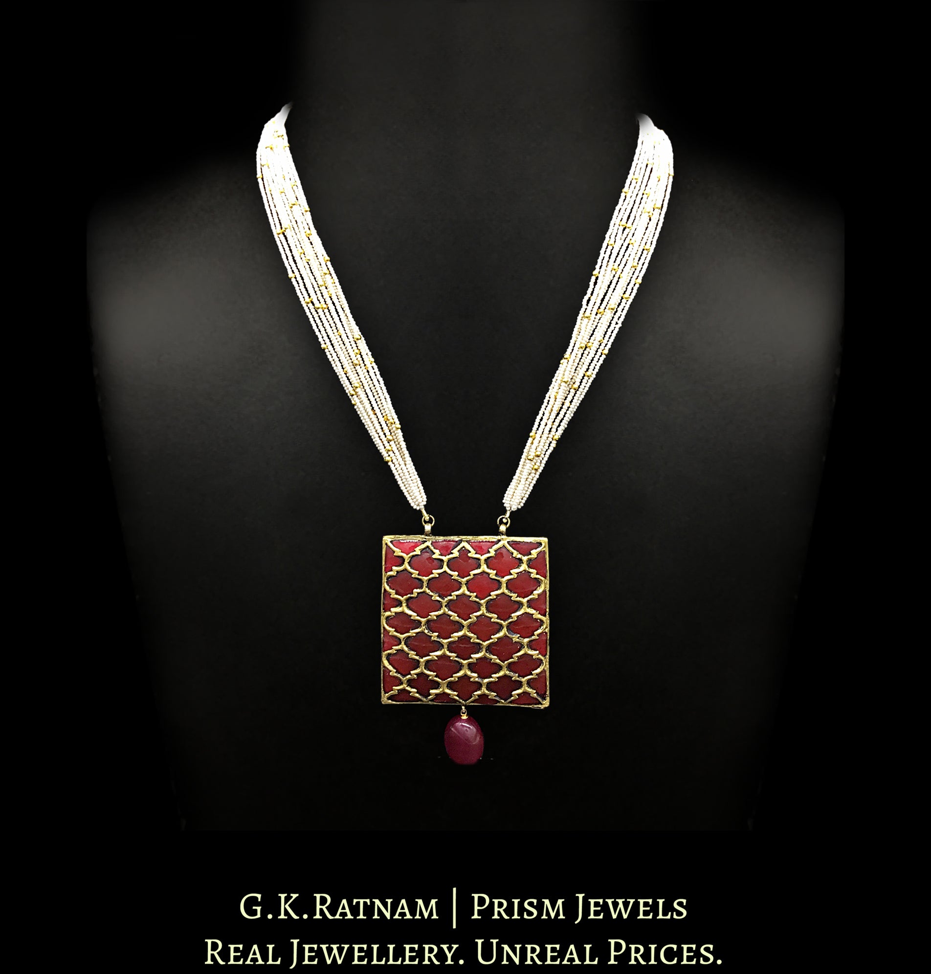 23k Gold and Diamond Polki Reversible Navratna Pendant with Chid Pearl bunches - G. K. Ratnam