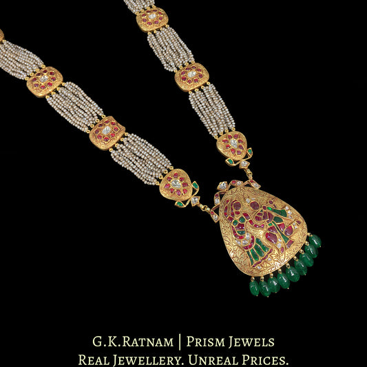 18k Gold and Diamond Polki Radha-Krishna Pendant strung in Ranihaar / Patrihaar style with basra-like Pearls