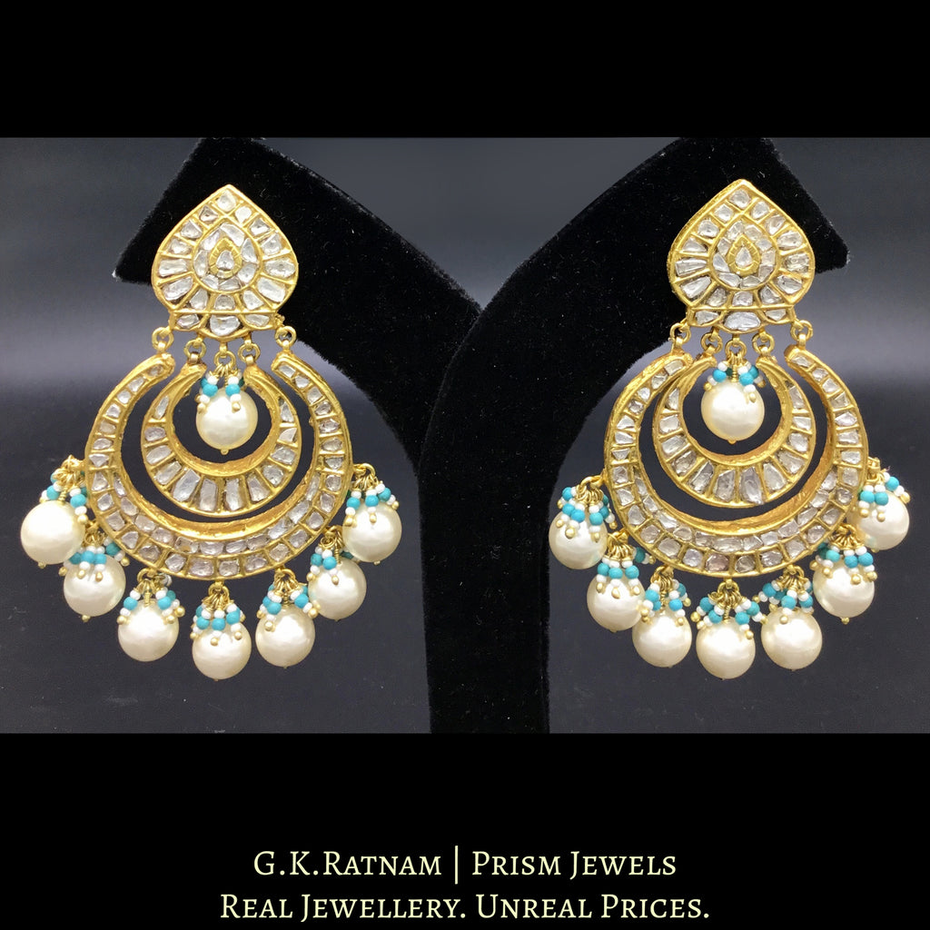 23k Gold and Diamond Polki Chand Bali Earring pair with multiple chands and firoza beads