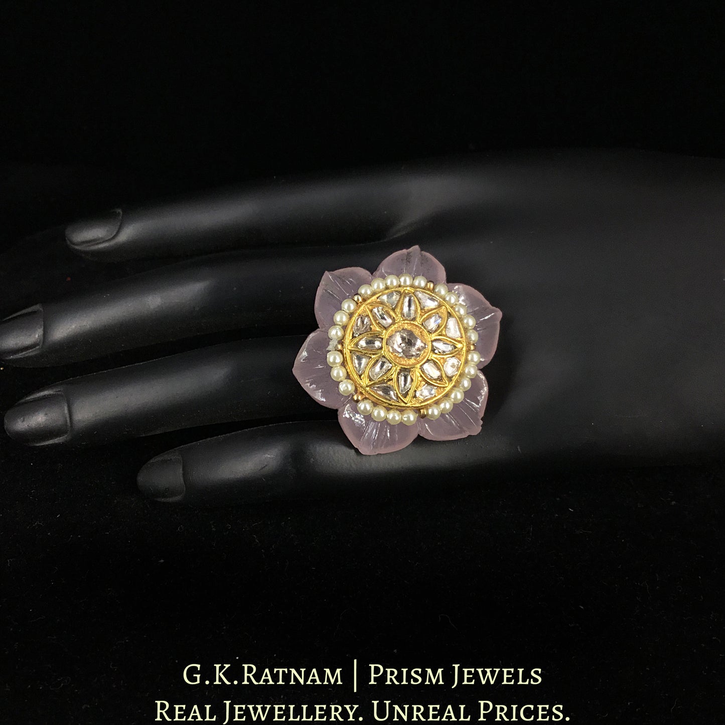 23k Gold and Diamond Polki Ring With Floral Rose Quartz Carving