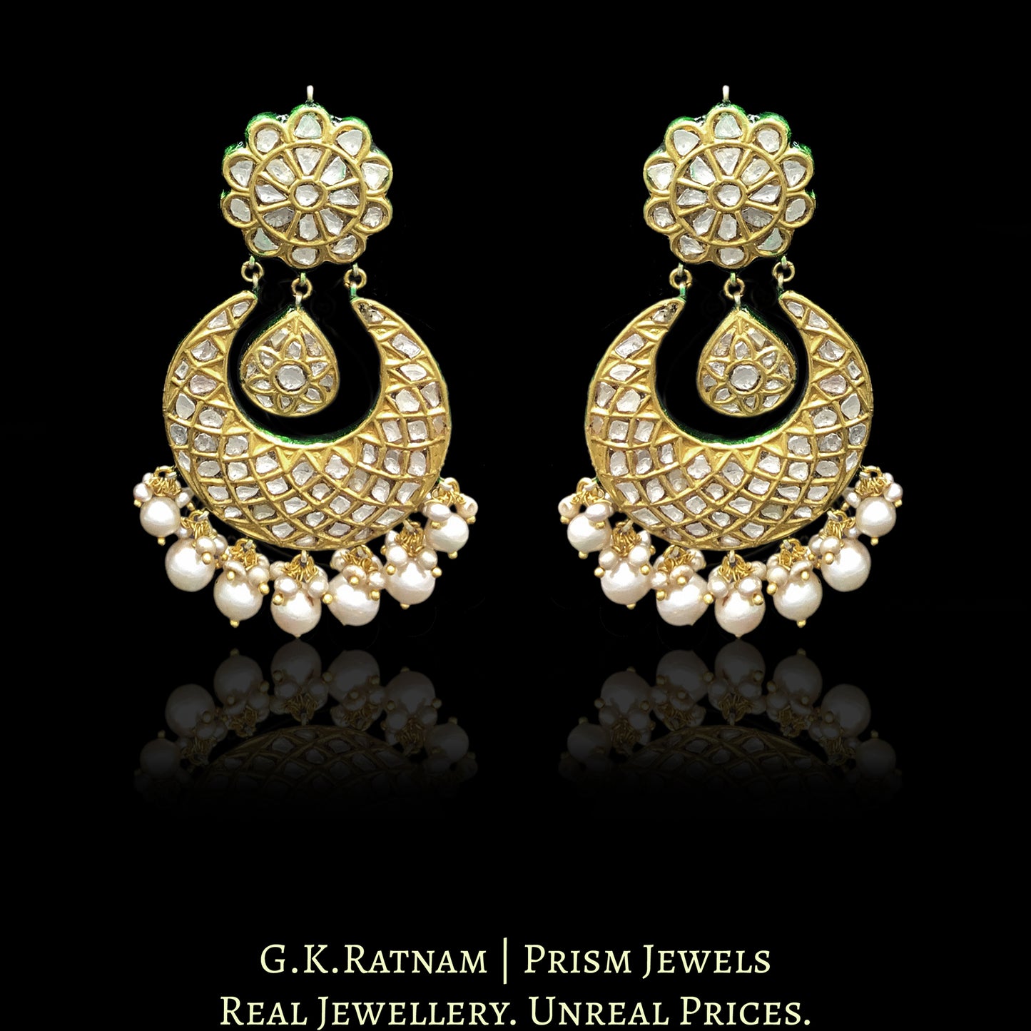 23k Gold and Diamond Polki Chand Bali Earring Pair with triple-coated shell pearls - G. K. Ratnam