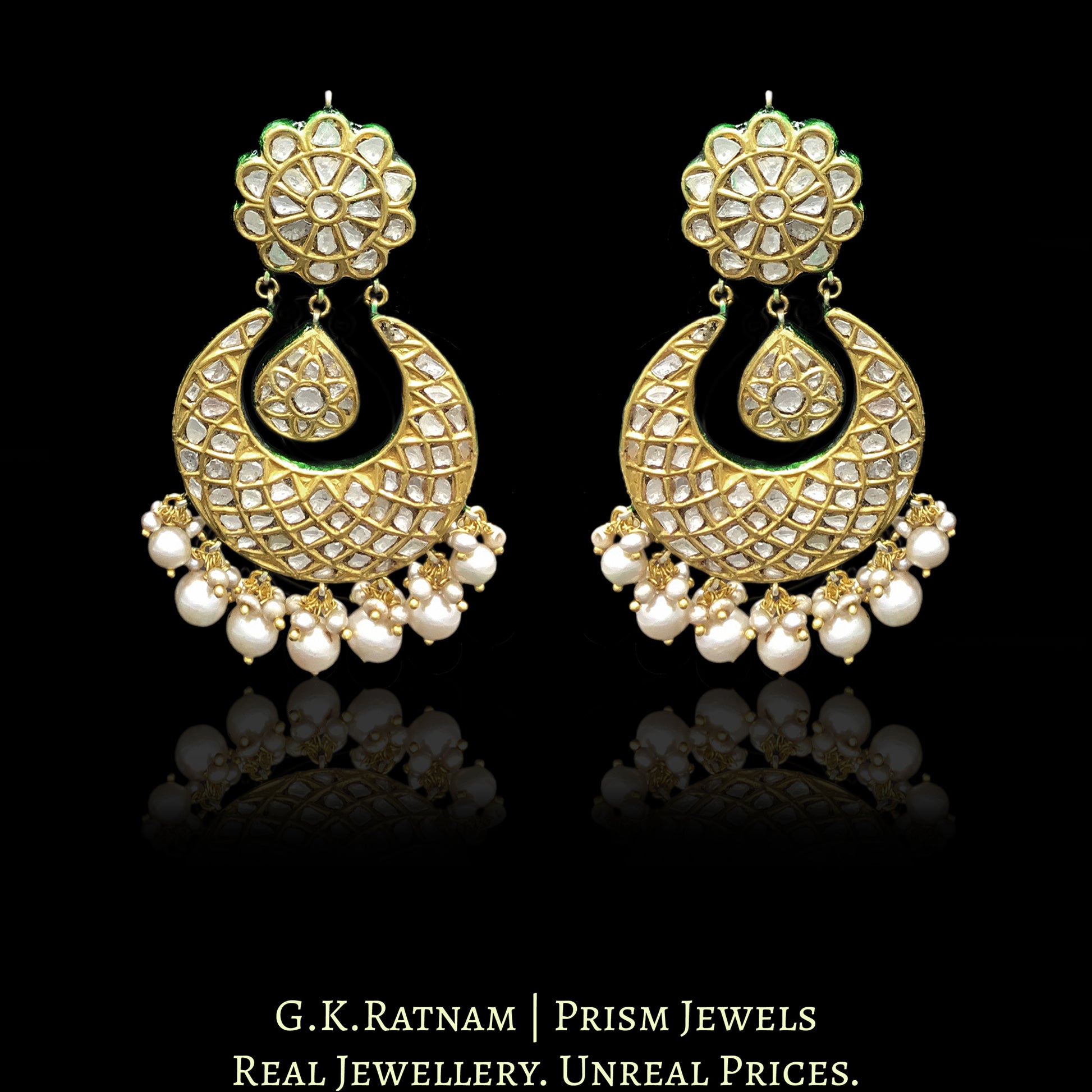 23k Gold and Diamond Polki Chand Bali Earring Pair with triple-coated shell pearls - G. K. Ratnam