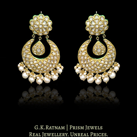 23k Gold and Diamond Polki Chand Bali Earring Pair with triple-coated shell pearls - G. K. Ratnam