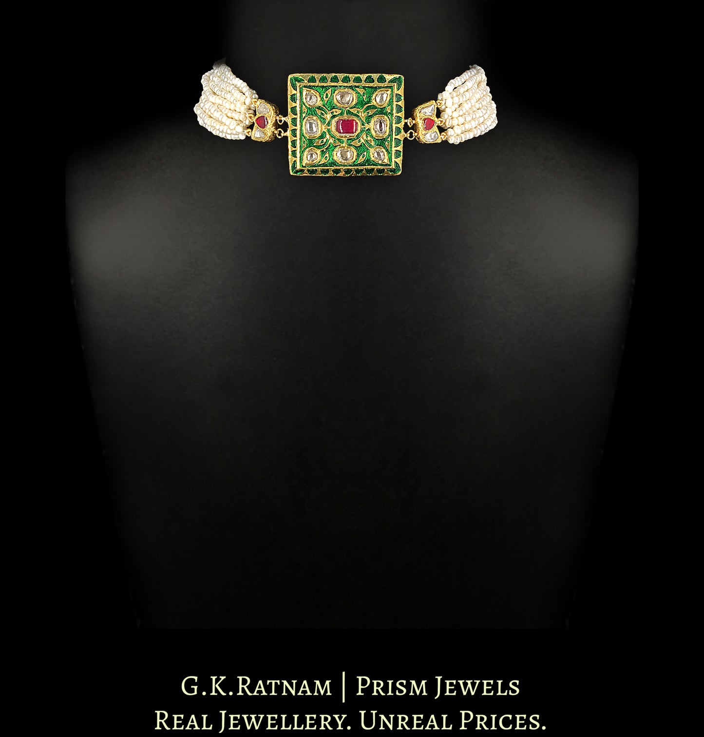23k Gold And Diamond Polki Green Enamel Choker Necklace with Natural Freshwater Pearl Bunches