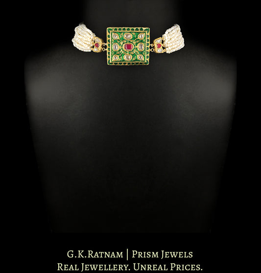23k Gold And Diamond Polki Green Enamel Choker Necklace with Natural Freshwater Pearl Bunches