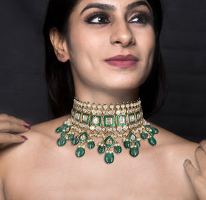 18k Gold and Diamond Polki Choker Necklace Set With Green Beryls and Pearls