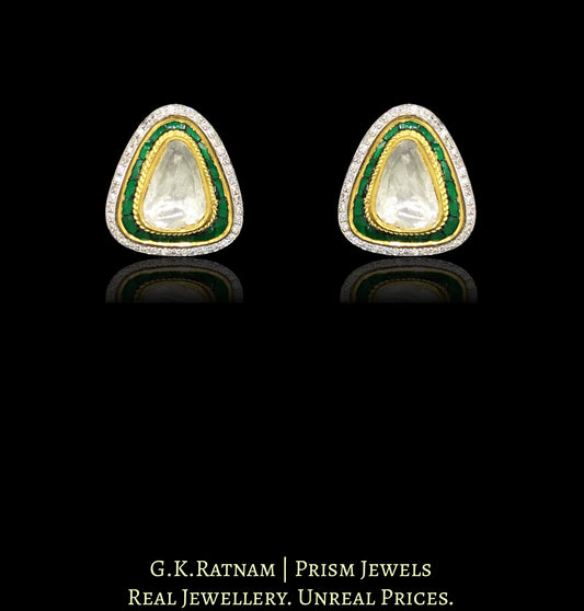 18k Gold and Diamond Polki triangle-shaped Tops / Studs Earring Pair with big uncuts and emerald-green stones - G. K. Ratnam