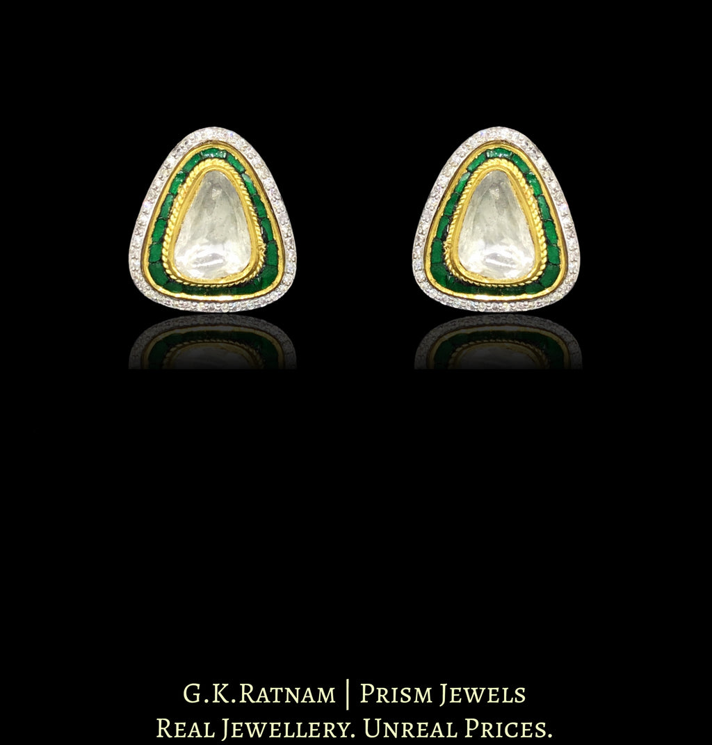 18k Gold and Diamond Polki triangle-shaped Tops / Studs Earring Pair with big uncuts and emerald-green stones - G. K. Ratnam