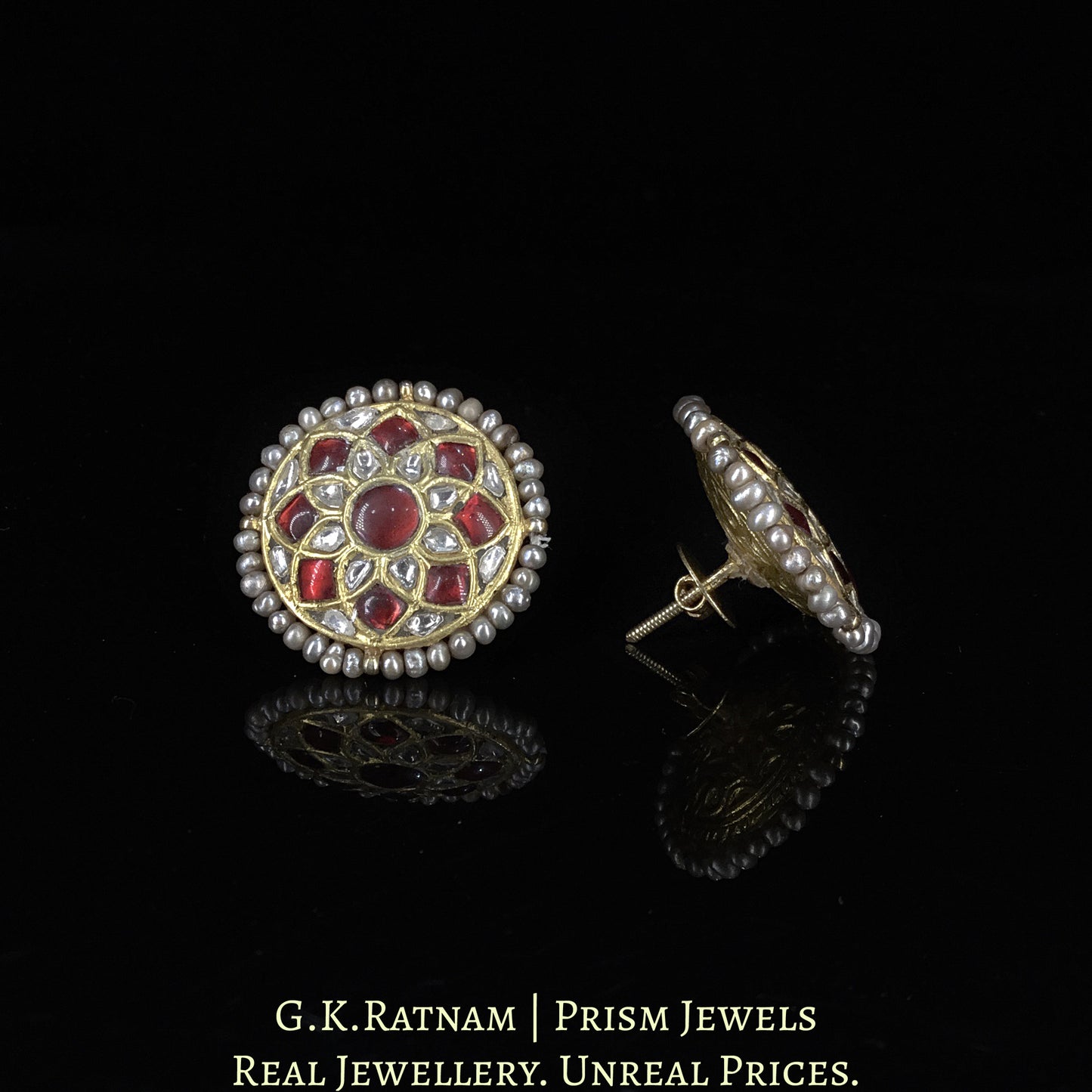 23k Gold and Diamond Polki south-style Choker Necklace Set with Antiqued Hyderabadi Pearls