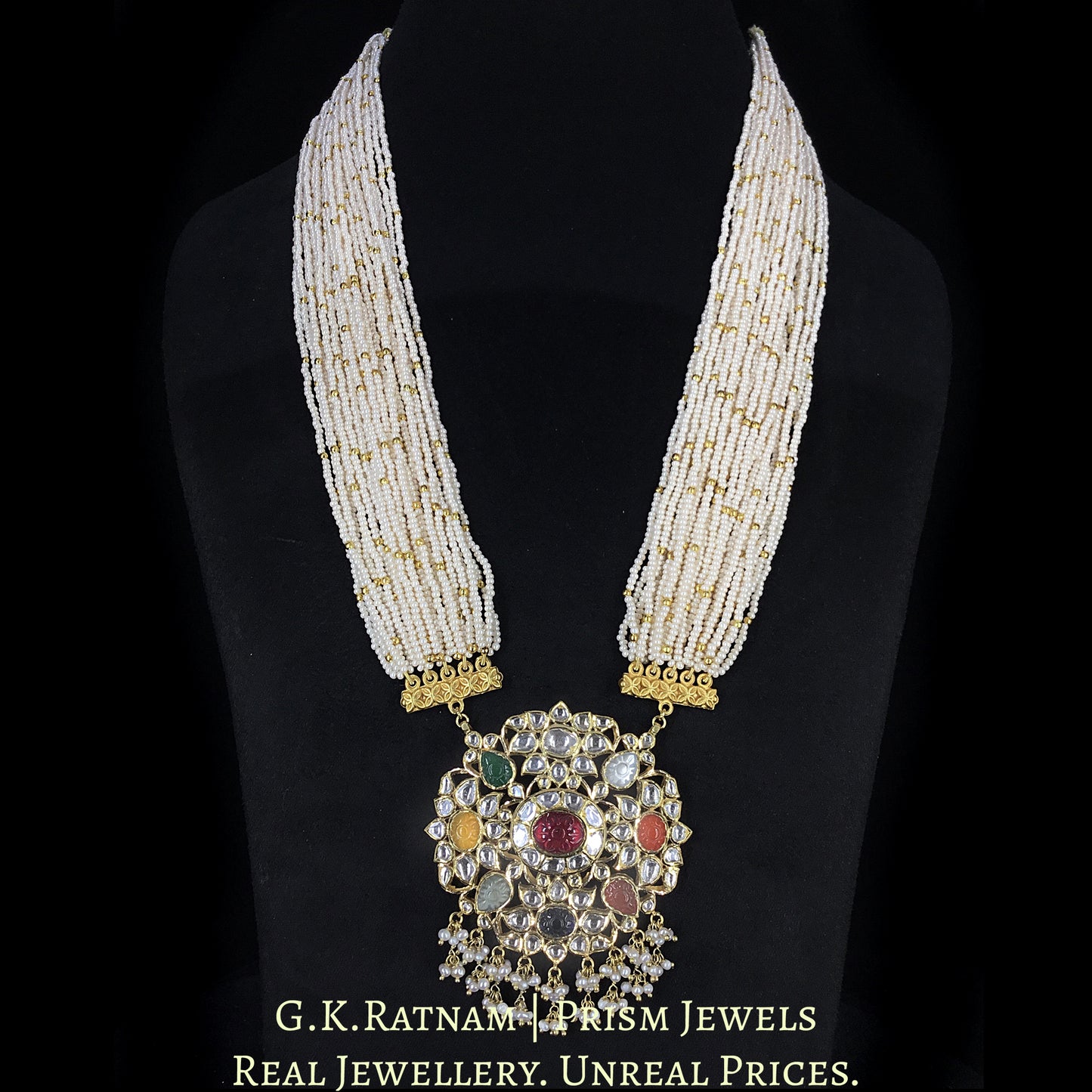 18k Gold and Diamond Polki Navratna Pendant Set With intricately carved navratans - G. K. Ratnam