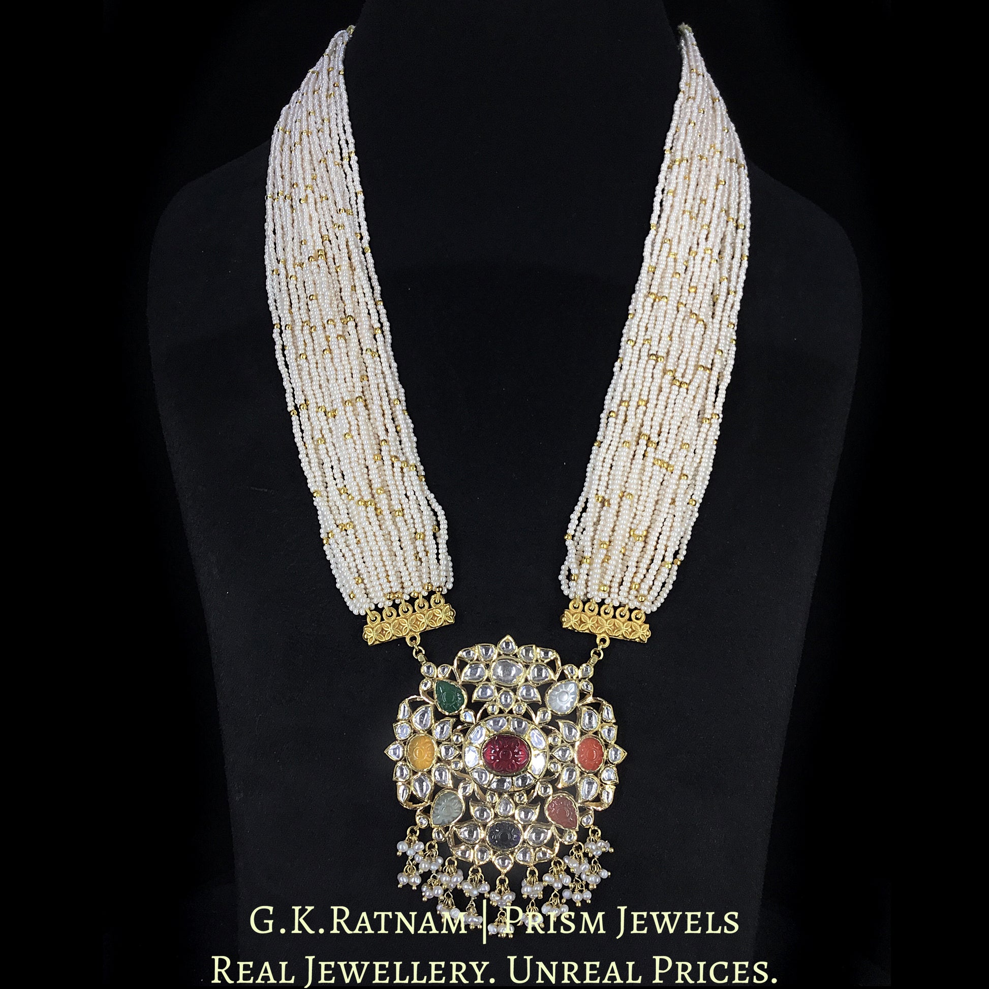 18k Gold and Diamond Polki Navratna Pendant Set With intricately carved navratans - G. K. Ratnam